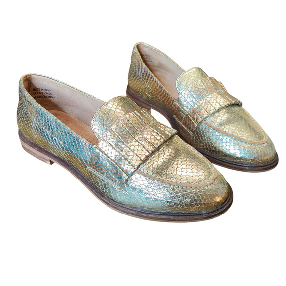 Seychelles Gold Metallic Powerful Leather Snakeskin Fringe Loafers 6.5 Holiday - Picture 1 of 13